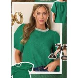 Womens bejeweled neckline jade green bubble sleeve top size medium Vintage Charm
